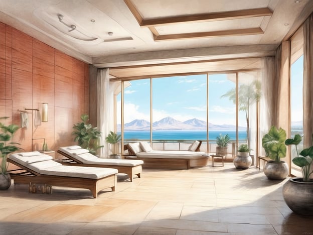 Auf dem Bild ist ein luxuriöser Wellnessbereich zu sehen, der wahrscheinlich Teil der Einrichtungen im ALDEN Suite Hotel ist. Der Raum ist mit modernen Liegen ausgestattet und bietet einen atemberaubenden Blick auf die Berge und das Wasser durch große Fenster. Die Umgebung ist durch Pflanzen und eine elegante Innenausstattung geprägt, die eine entspannende Atmosphäre schafft, ideal für Erholung und Wellness.