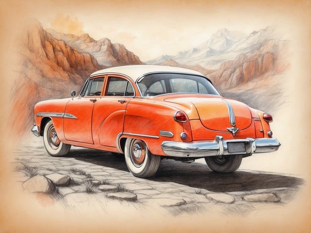 Auf dem Bild ist ein stilvoller, orangefarbener Oldtimer zu sehen, der vor einer majestätischen, bergigen Landschaft parkt. Das Design des Autos kombiniert vintage Eleganz mit einer lebendigen Farbpalette, die sofort ins Auge fällt. Die sanften Linien und der klassische Charme des Wagens verleihen der Szene eine nostalgische Atmosphäre. Umgeben von rauen, steinigen Wegen und sanften Hügeln strahlt das Bild eine harmonische Verbindung zwischen Mensch und Natur aus, während der Himmel in sanften Tönen leuchtet und für eine träumerische Stimmung sorgt.