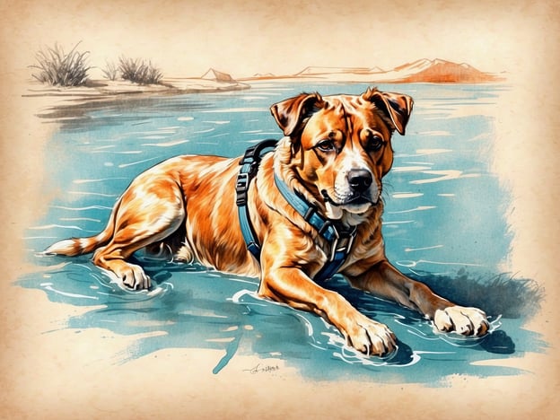 Auf dem Bild ist ein Hund zu sehen, der im Wasser liegt. Der Hund hat ein braunes Fell mit helleren Flecken und trägt ein Geschirr. Die Umgebung scheint eine natürliche Landschaft zu sein, möglicherweise mit Wüste im Hintergrund. Um den Komfort und die Sicherheit des Hundes zu gewährleisten, ist es wichtig, dass er immer ein passendes Geschirr trägt, insbesondere in der Nähe von Wasser. Auf diese Weise kann der Hund sicher an der Leine geführt werden und bleibt auch im Wasser geschützt.