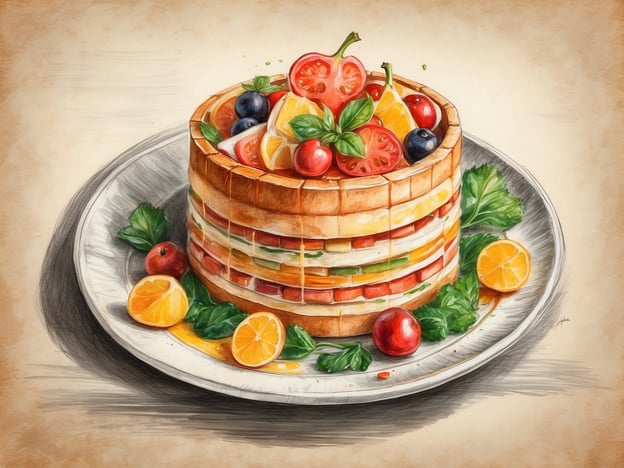 Auf dem Bild ist ein kunstvoll angerichteter Turm aus Waffeln oder Kuchen zu sehen, der mit buntem Obst und frischen Kräutern garniert ist. Diese kulinarische Delikatesse könnte wunderbar in einem Leonardo Hotel serviert werden, wo die Gäste eine Vielzahl von exquisiten Speisen genießen können. Ob als Teil eines reichhaltigen Brunchbuffets oder als erfrischendes Dessert – solche kreativen Gaumenfreuden tragen zu einem unvergesslichen Erlebnis bei. Die Kombination aus süßem Obst und den herzhaften Waffeln bietet eine harmonische Balance, die sicherlich jeden Feinschmecker begeistert.