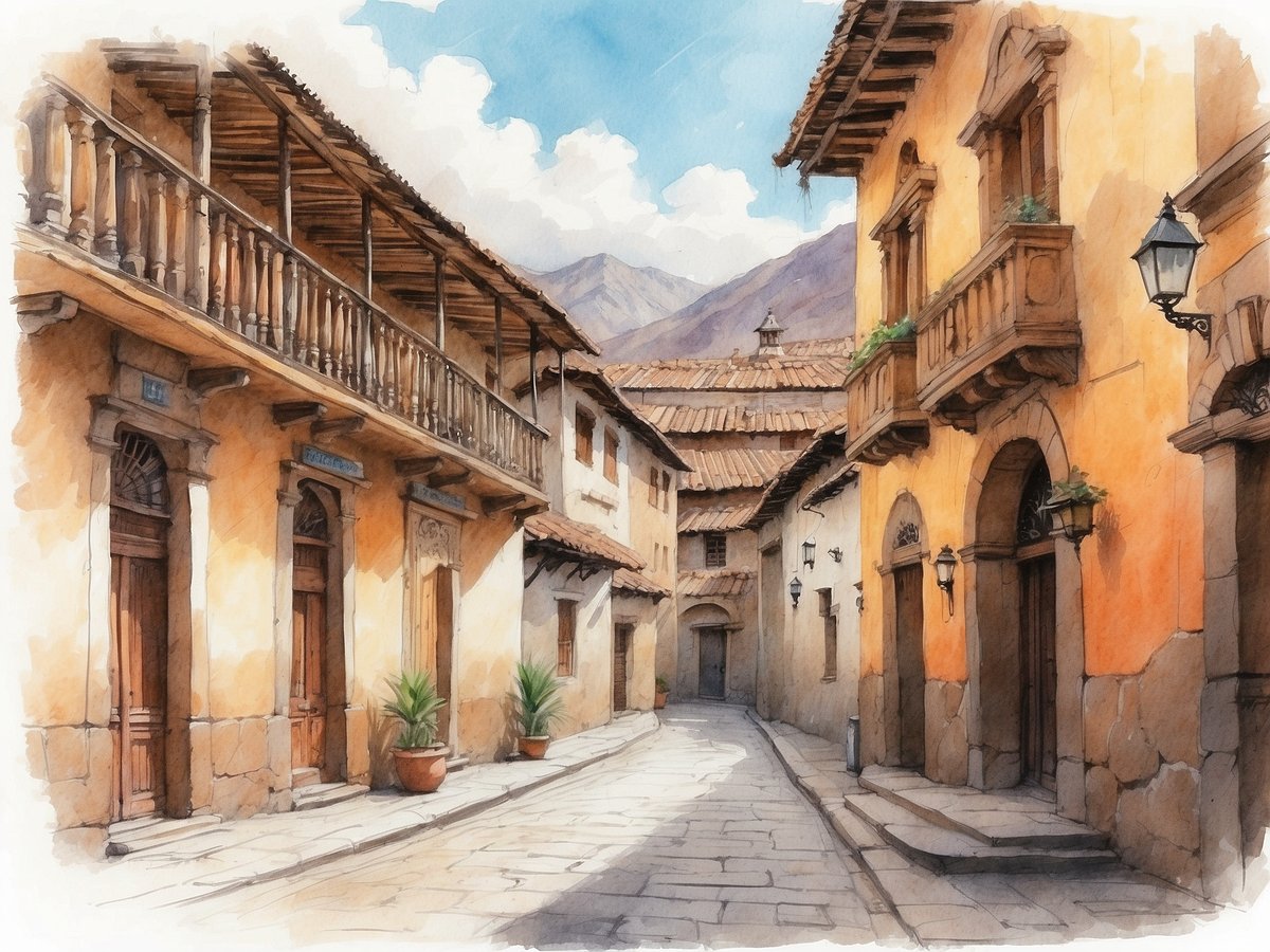 Eine malerische Gasse in Cusco mit historischen, gelb gestrichenen Gebäuden. Auf der linken Seite sind mehrere Fenster und Türen mit Holzrahmen zu sehen, während ein Balkon mit Holzgeländer darüber verläuft. Pflanzen sorgen für einen lebendigen Akzent in Töpfen vor den Gebäuden. Die Straße ist aus großen Steinplatten gepflastert und führt sanft in den Hintergrund, wo sich Berge unter einem blauen Himmel mit einigen Wolken erheben. Die gesamte Szene strahlt einen charmanten, kolonialen Flair aus.