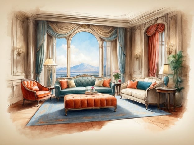 Auf dem Bild ist ein elegantes Wohnzimmer zu sehen. Die Ausstattung umfasst eine stilvolle Sofalandschaft mit Kissen in verschiedenen Farben, darunter ein größeres Sofa und ein ottomanähnlicher Hocker. Es gibt auch einen bequemen Sessel in einem warmen Orange. Die Wände sind mit schönen Stoffen verhangen, und große Fenster bieten einen herrlichen Blick auf die Landschaft. 

Zusätzlich sind Pflanzen und dekorative Lampen vorhanden, die eine einladende Atmosphäre schaffen. Der Boden ist mit einem kunstvollen Teppich bedeckt, der dem Raum Farbe und Struktur verleiht. Die Annehmlichkeiten und das Design lassen auf einen luxuriösen Wohnstil schließen.