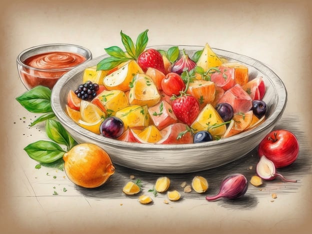 Auf dem Bild ist eine bunte Fruchtsalat-Schüssel zu sehen, die mit verschiedenen frischen Früchten gefüllt ist. Leckere Stücke von Melone, Ananas, Erdbeeren, Himbeeren und Trauben sorgen für ein optisches Fest. Daneben gibt es eine kleine Schüssel mit einer Art Dip oder Sauce, die möglicherweise zum Verfeinern des Salats dient. Die Garnitur aus frischen Kräutern verleiht dem Gericht nicht nur Farbe, sondern auch ein aromatisches Flair. Dazu liegen ein paar Nüsse und eine Zitrone auf dem Tisch, die zusätzlich einen frischen Touch bringen.