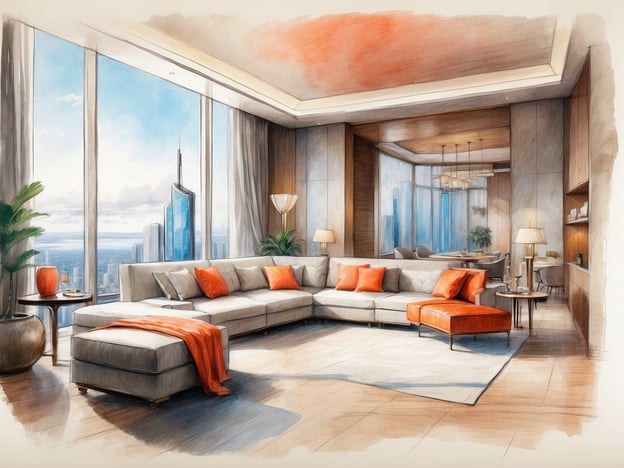 Auf dem Bild ist ein modernes Wohnzimmer zu sehen. Es ist mit großen Fenstern ausgestattet, die einen Blick auf die Stadt bieten. Die Einrichtung umfasst ein graues Sofa mit orangefarbenen Kissen und eine dazu passende Pouf. Ein runder Tisch steht daneben, auf dem ein Getränk platziert ist. Zusätzlich gibt es eine Pflanze und eine Stehlampe, die zur gemütlichen Atmosphäre beitragen. Der Boden ist aus Holz, und die Wände sind in neutralen Farben gehalten. Das Zimmer vermittelt insgesamt einen eleganten und einladenden Eindruck.