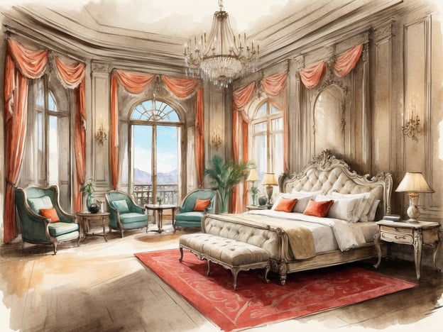 Auf dem Bild ist ein elegantes Schlafzimmer zu sehen, das durch eine luxuriöse Einrichtung besticht. Die Serviceleistungen und Annehmlichkeiten könnten Folgendes umfassen:

- **Komfortable Möbel**: Ein opulentes Bett mit weichen Kissen und einer ansprechenden Bettwäsche.
- **Wohnecke**: Gemütliche Sessel und ein Tisch, ideal für entspannte Stunden.
- **Fenster mit Aussicht**: Große Fenster, die viel Tageslicht hereinlassen und einen herrlichen Ausblick bieten.
- **Dekorative Elemente**: Elegante Vorhänge und stilvolle Lampen tragen zur gehobenen Atmosphäre bei.
- **Teppich**: Ein geschmackvoller Teppich, der den Raum zusätzlich wärmt und verschönert.

Insgesamt vermittelt das Bild ein Gefühl von Luxus und Komfort.