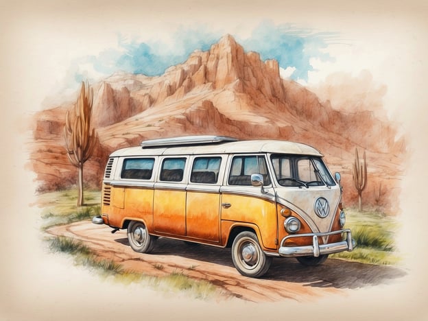 Auf dem Bild ist ein nostalgischer Volkswagen-Bus zu sehen, der an einer malerischen Landschaft mit beeindruckenden roten Felsen und einer beruhigenden Naturkulisse geparkt ist. Die Umgebung wird von einigen hügeligen Bergen und strauchartigen Pflanzen, wie zum Beispiel Kakteen, dominiert. Die sanften Farben und die künstlerische Darstellung verleihen dem Bild eine Atmosphäre von Abenteuer und Freiheit. Es lädt dazu ein, die Umgebung zu erkunden und neue Wege zu entdecken.