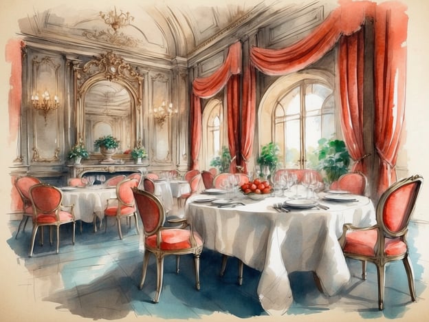 Auf dem Bild ist ein elegantes Restaurant zu sehen, das mit hochwertigen Materialien und einem opulenten Design gestaltet ist. Die Tische sind prächtig gedeckt, und rote, gepolsterte Stühle verleihen dem Raum eine luxuriöse Atmosphäre. Die Fenster lassen viel Licht herein und bieten einen Blick auf die grünen Pflanzen im Innenraum. Dieses Setting bietet exklusive Gastronomieerlebnisse, ideal für besondere Anlässe oder Gourmet-Dinner.