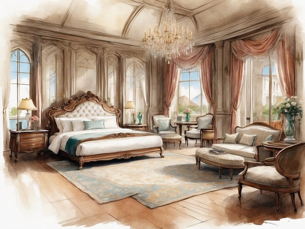 Auf dem Bild ist ein luxuriöses Schlafzimmer zu sehen, das elegante Annehmlichkeiten bietet. Es gibt ein großes, opulentes Bett mit einem geschwungenen Kopfteil und weichen Kissen. Neben dem Bett stehen stilvolle Nachttische mit Tischlampen, die eine gemütliche Atmosphäre schaffen. 

Der Raum hat große Fenster mit blickdichten Vorhängen, die viel Tageslicht hereinlassen und eine schöne Aussicht bieten. Die Einrichtung umfasst auch eine gemütliche Sitzgruppe mit bequemen Stühlen und einem Sofa, das zum Entspannen einlädt. 

Insgesamt vermittelt der Raum ein Gefühl von Eleganz und Komfort, ideal für einen luxuriösen Aufenthalt. Der stilvolle Teppich und die dekorativen Blumenarrangements unterstreichen zusätzlich den hohen Standard der Einrichtung.