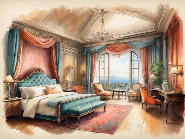 Auf dem Bild ist ein elegantes Schlafzimmer zu sehen. Es ist großzügig gestaltet mit einem großen, dekorativen Bett und einer stilvollen Sitzgruppe. Die Wände sind mit bunten Vorhängen verziert, und große Fenster ermöglichen einen Blick auf die Landschaft. Zudem gibt es elegante Möbelstücke wie Nachttische und einen Tisch mit Stühlen. Diese Unterkunft strahlt eine luxuriöse Atmosphäre aus und bietet eine gemütliche Umgebung zum Entspannen.