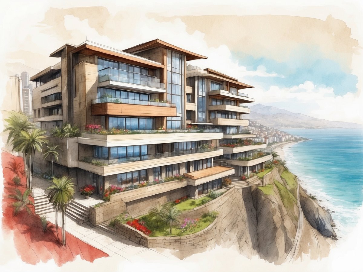 Das Bild zeigt eine künstlerische Darstellung des Casa Andina Select Miraflores in Lima. Das Gebäude ist modern und elegant gestaltet, mit großen Fenstern und Balkonen, die teilweise mit Pflanzen dekoriert sind. Es steht auf einer Klippe mit Blick auf den Ozean, während im Hintergrund sanfte Hügel und eine Küstenlinie zu sehen sind. Die Umgebung ist grün mit Palmen und Blumen, die das ansprechende Erscheinungsbild der Unterkunft ergänzen.