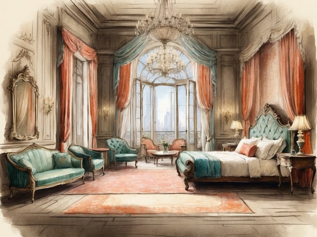 Das Bild zeigt ein elegantes Hotelzimmer, das mit opulenten Möbeln und stilvollen Dekorationen ausgestattet ist. Die Farbpalette aus sanften Türkis- und Orangetönen, gepaart mit einem großen Kronleuchter und großen Fenstern, lässt an den Charme historischer Luxushotels denken.

Das NYX Esperia Palace Hotel könnte eine ähnliche Atmosphäre ausstrahlen: Es ist bekannt für seine exquisite Architektur und seinen erstklassigen Service. Die Geschichte des Hotels zeugt von seinem kulturellen Erbe und seiner Entwicklung im Laufe der Jahre. Früher ein Wahrzeichen, hat das Hotel viele berühmte Persönlichkeiten beherbergt und ist ein beliebter Ort für Reisende, die Luxus und Komfort suchen. 

Die Detailverliebtheit im Raum, von der Einrichtung bis zu den dekorativen Elementen, spiegelt die Eleganz wider, die man in einem solchen Hotel erwarten würde. Der Blick aus dem Fenster könnte zudem auf die lebhafte Umgebung eines urbanen Zentrums hinweisen, was typisch für das Erlebnis im Esperia Palace ist.