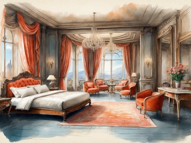 Auf dem Bild ist ein elegantes Schlafzimmer mit exquisiten Möbeln und einer luxuriösen Ausstattung zu sehen. Die hohen Fenster bieten einen atemberaubenden Blick auf die Landschaft, während opulente Vorhänge in warmen Rottönen den Raum umrahmen. 

Das Bett hat ein kunstvoll gestaltetes Kopfteil aus Holz, das den klassischen Stil unterstreicht. Um das Bett herum stehen gemütliche Sessel in der gleichen Farbgebung, die einladend wirken. Ein stilvoller Tisch mit einer Tischlampe und frischen Blumen sorgt für eine angenehme Atmosphäre. Der kunstvolle Kronleuchter an der Decke fügt dem Raum eine weitere Dimension des Luxus hinzu. 

Diese Einrichtung strahlt ein Gefühl von Eleganz und Komfort aus, ideal für entspannende Momente in einem einzigartigen Ambiente.