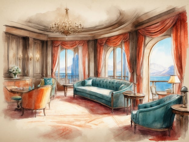 Auf dem Bild ist ein elegantes Zimmer zu sehen, das eine freundliche und luxuriöse Atmosphäre ausstrahlt. Es gibt schöne Möbel, darunter ein großes Sofa und mehrere Sessel in verschiedenen Farben. Das Zimmer hat große Fenster mit einem Blick auf eine malerische Landschaft, was viel Licht hereinlässt. Es sind auch stilvolle Vorhänge und eine hübsche Deckenleuchte vorhanden, die zur gehobenen Ausstattung des Zimmers beitragen. Insgesamt wirkt es wie eine stilvolle Suite, ideal für Komfort und Entspannung.