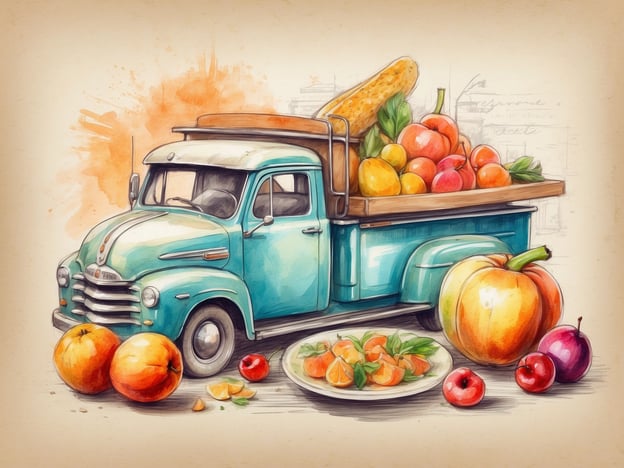 Auf dem Bild ist ein nostalgischer, blauer Lkw zu sehen, der voller frischer Früchte beladen ist. Um den Lkw herum liegen verschiedene Obstsorten, darunter Äpfel, Orangen, Pfirsiche und eine große Kürbisfrucht. Es gibt auch einen Teller mit Mandarinen, die schön angerichtet sind. Diese Szenerie ruft Gedanken an einen lebhaften Markt oder einen Obststand hervor, wo man die Frische der Natur genießen kann. Solche kulinarischen Erlebnisse laden dazu ein, fruchtige und gesunde Gerichte zu kreieren oder einfach die süßen Köstlichkeiten direkt zu verkosten.