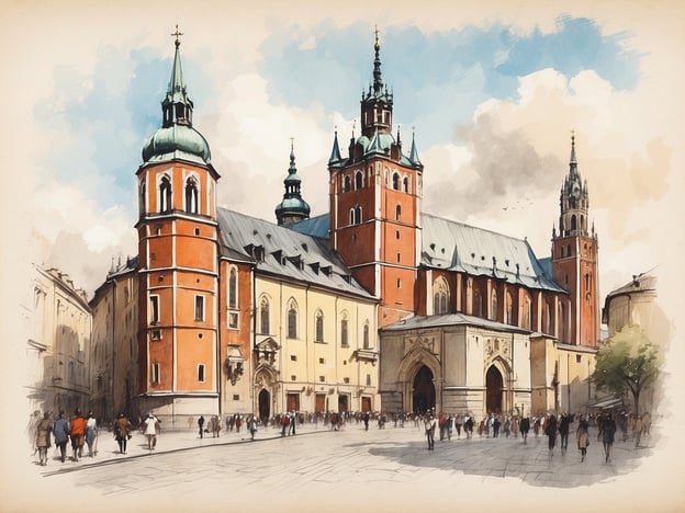 Auf dem Bild ist die Wawel-Kathedrale in Krakau zu sehen. Sie ist ein bedeutendes historisches und kulturelles Wahrzeichen Polens. Die beeindruckende Architektur kombiniert Elemente verschiedener Stilrichtungen und hebt sich mit ihren Türmen und besonderen Details hervor. Die Szene zeigt auch Menschen, die den Platz vor der Kathedrale besuchen, was den lebendigen Charakter von Krakau unterstreicht.