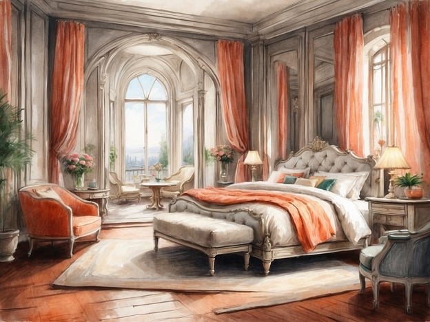 Auf dem Bild ist ein elegantes Schlafzimmer zu sehen. Es gibt ein großes, bequemes Bett mit dekorativen Kissen und einer warmen Decke. Die Wände sind mit speziellen Fensterrahmen und großen Fenstern ausgestattet, die viel Licht hereinlassen. Die Vorhänge sind in einem schönen Orangeton gehalten. 

Im Raum befinden sich auch eine gemütliche Sitzecke mit zwei Sessel und einem kleinen Tisch sowie einige Pflanzen und Blumengestecke, die dem Raum eine lebendige Atmosphäre verleihen. Der Boden ist mit einem weichen Teppich ausgestattet, was zusätzlich zu einem einladenden Ambiente beiträgt.