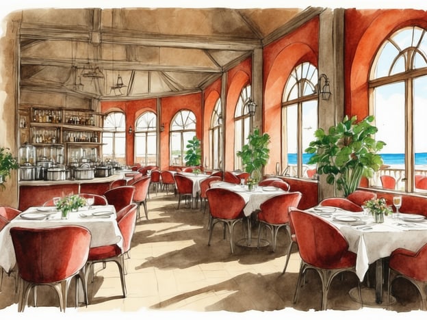 Auf dem Bild ist ein stilvolles Restaurant mit einer eleganten Atmosphäre zu sehen. Der Raum hat große Fenster, die viel Licht hereinlassen und einen Blick auf das Wasser bieten. Die Tische sind mit weißen Tischtüchern gedeckt und mit Blumenarrangements dekoriert. Die Stühle sind rot und sorgen für eine gemütliche, einladende Stimmung. Im Hintergrund gibt es eine Bar mit einer Vielzahl von Getränken. Insgesamt vermittelt der Raum eine entspannte und dennoch raffinierte Atmosphäre, ideal für gediegene Gastronomie und kulinarische Erlebnisse.