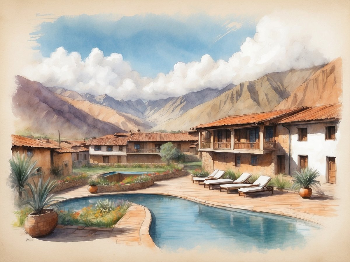 Eine malerische Ansicht des Casa Andina Premium Valle Sagrado in Cusco mit einem einladenden Pool in der Mitte. Rund um den Pool sind Sonnenschirme und Liegen angeordnet. Die Unterkunft besteht aus charmanten, traditionell gestalteten Gebäuden mit roten Ziegeldächern und Holzbalkonen, umgeben von üppiger Vegetation und blühenden Pflanzen. Eine beeindruckende Berglandschaft mit sanften Hügeln und wolkenverhangenem Himmel bildet den Hintergrund und verleiht der Szenerie eine ruhige und entspannte Atmosphäre.