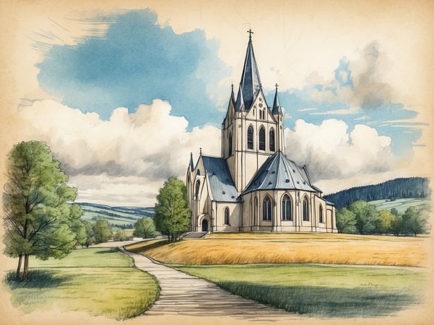 Auf dem Bild ist eine beeindruckende Kirche im gotischen Stil zu sehen, die auf einem Hügel steht. In Rantum gibt es zwar keine spezifische Kirche, die genau so aussieht, aber die Umgebung könnte an die malerische Landschaft der Nordsee-Insel Sylt erinnern, wo Rantum liegt. Sehenswürdigkeiten in der Nähe sind der Rantumer Deich, die Strandpromenade und die idyllische Natur, die die Region prägt.