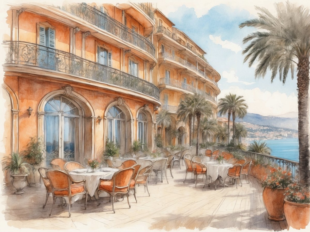 Das Bild zeigt eine malerische Terrasse des Plaza Nice Hotels in Frankreich mit einer atemberaubenden Aussicht auf das Meer. Die Architektur des Gebäudes ist im mediterranen Stil gehalten, mit einem warmen, orangefarbenen Anstrich und eleganten Fenstern. Auf der Terrasse sind Tisch und Stühle mit orangefarbenen Polstern arrangiert, umgeben von blühenden Pflanzen in Töpfen. Palmen umgeben den Bereich und im Hintergrund erstreckt sich eine Küstenlandschaft mit sanften Hügeln und einem klaren, blauen Himmel.
