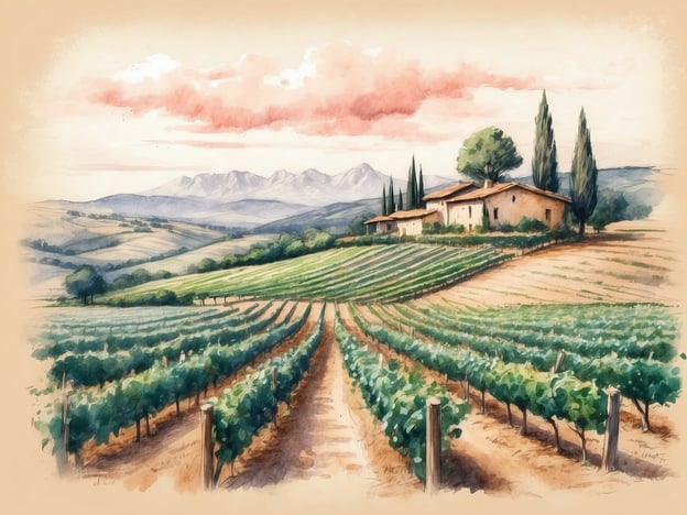 Auf dem Bild sind die Weinberge von Caprino Veronese zu sehen. Die Landschaft ist geprägt von sanften Hügeln, die mit Weinreben bepflanzt sind. Im Hintergrund erheben sich majestätische Berge, während am Himmel zarte, rosafarbene Wolken zu sehen sind. Am Fuß der Hügel stehen rustikale Bauernhäuser, die die ländliche Szenerie abrunden. Die gesamte Komposition strahlt ein Gefühl von Ruhe und Naturverbundenheit aus.