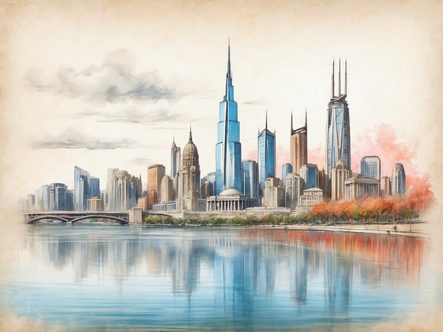 Auf dem Bild ist eine stilisierte Skyline einer Stadt zu sehen, die wahrscheinlich Chicago darstellt. Zu den bekannten Sehenswürdigkeiten in der Umgebung gehören der Willis Tower (früher Sears Tower), das Art Institute of Chicago, und die Millennium Park, wo sich die berühmte „Cloud Gate“ (auch bekannt als „The Bean“) befindet. Außerdem erkennt man den Chicago River, der durch die Stadt fließt und viele Brücken verbindet. Die Szenerie vermittelt eine schöne Herbstatmosphäre mit bunten Bäumen am Ufer.