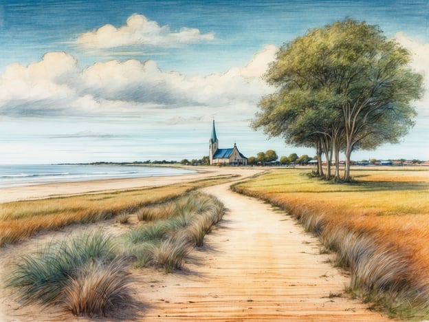 Auf dem Bild ist eine malerische Küstenlandschaft mit einem Sandweg, der zu einer Kirche führt, umgeben von Wiesen und Bäumen. 

In Rantum kann man viele Freizeitmöglichkeiten genießen, wie zum Beispiel:

1. **Strandspaziergänge**: Entlang der schönen Strände kann man entspannte Spaziergänge unternehmen.
2. **Wassersport**: Aktivitäten wie Windsurfen oder Kitesurfen sind sehr beliebt.
3. **Radfahren**: Es gibt zahlreiche Radwege, die die Umgebung erkunden lassen.
4. **Naturbeobachtungen**: Die einmalige Fauna und Flora der Dünen eignet sich hervorragend für Naturbeobachtungen.
5. **Gastronomie**: In den lokalen Restaurants kann man fangfrische Meeresfrüchte genießen.

Diese Aktivitäten bieten eine ideale Möglichkeit, die Natur und die frische Luft zu genießen.