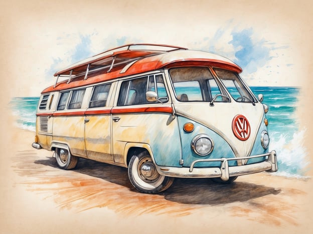 Auf dem Bild ist ein klassischer VW-Bus zu sehen, der am Strand parkt. Diese Art von Fahrzeug wird oft mit Reisen und Abenteuer assoziiert. Die Umgebung deutet auf eine Küstenlandschaft hin, die zum Entspannen, Sonnenbaden oder zu Strandaktivitäten wie Surfen oder Strandspaziergängen einlädt. Solche Szenen sind typisch für Urlaubsorten, wo man die Natur genießen und unbeschwerte Tage verbringen kann.