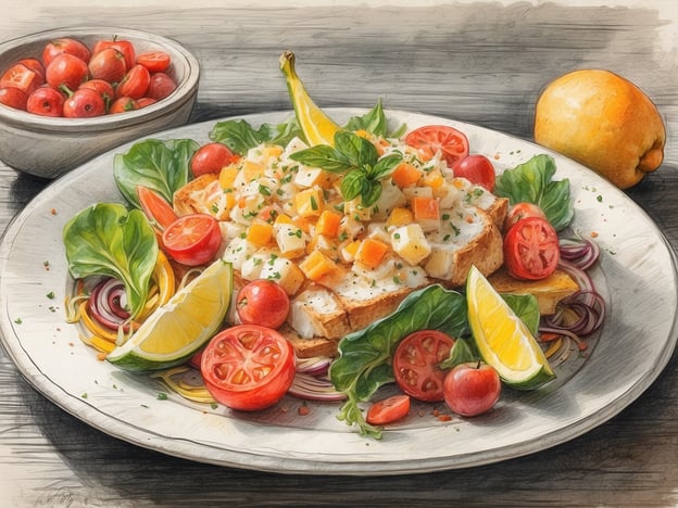 Auf dem Bild ist eine kunstvoll angerichtete Speise zu sehen, die ein Stück Brot mit einer bunten Beilage aus frischem Gemüse darstellt. Dazu gehören Tomaten, Salat und Zitrone, die das Gericht optisch ansprechend machen. Solche kulinarischen Genüsse findet man oft in Lazise, wo die italienische Küche mit frischen, regionalen Zutaten begeistert. Hier wird Geschmack mit einer ansprechenden Präsentation kombiniert, ideal für ein genussvolles Essen am Gardasee.