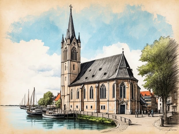 Auf dem Bild ist die St. Laurentius Kirche in Munkmarsch abgebildet. Diese Kirche ist ein markantes Wahrzeichen des Ortes und zeichnet sich durch ihren hohen Turm aus. Im Vordergrund sind auch Boote zu sehen, die am Wasser liegen, was auf die maritime Atmosphäre von Munkmarsch hinweist. Die malerische Umgebung mit Bäumen und historischen Gebäuden trägt zur charmanten Stimmung des Ortes bei.