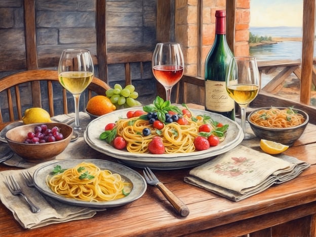 Auf dem Bild sieht man einen einladenden Tisch, der mit verschiedenen Pasta-Gerichten, frischen Früchten und Weingläsern gedeckt ist. In Manerba del Garda, einer malerischen Stadt am Gardasee, könnten solche kulinarischen Highlights typisch sein. Hier können Besucher köstliche Spaghetti mit frischen Tomaten und Kräutern genießen, die oft mit lokalen Weinen begleitet werden – sowohl Weiß- als auch Rotwein. Frische Früchte wie Trauben und Äpfel runden das gastronomische Erlebnis ab und laden dazu ein, die italienische Küche in vollen Zügen zu genießen.