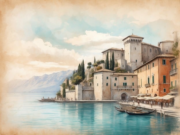 Auf dem Bild sieht man eine malerische Küstenlandschaft, die an Peschiera del Garda erinnert. Diese Stadt liegt am südlichen Ende des Gardasees in Italien und ist bekannt für ihre historische Altstadt und beeindruckenden Festungsanlagen. 

Peschiera del Garda hat eine reiche Geschichte, die bis in die Römerzeit zurückreicht. Die Festungsstadt wurde strategisch platziert, um den Handel und die Verteidigung zu gewährleisten. Die umliegenden Berge und das klare Wasser des Gardasees schaffen eine wunderschöne Kulisse, die schon viele Künstler und Touristen angezogen hat. 

Die Architektur auf dem Bild könnte die charakteristischen Gebäude der Altstadt darstellen, mit engen Gassen und charmanten Plätzen, die die historische Atmosphäre von Peschiera del Garda widerspiegeln. Die Boote im Wasser deuten auf die maritime Tradition dieser Region hin, die eng mit der Nutzung des Gardasees verbunden ist.