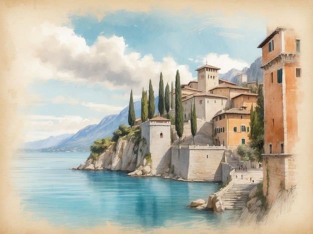 Auf dem Bild könnte eine malerische Küstenlandschaft von Peschiera del Garda zu sehen sein, die durch die charmante Architektur und die umgebende Natur geprägt ist. Mögliche Sehenswürdigkeiten, die hier erkennbar sein könnten, sind die alten Stadtmauern und Türme der historischen Festung, die für die Stadt charakteristisch sind. Auch die idyllische Uferpromenade am Gardasee sowie die grünen Zypressen, die oft in der Region zu finden sind, tragen zur Schönheit der Szenerie bei. Die Kulisse wird von den umliegenden Bergen ergänzt, die einen beeindruckenden Hintergrund bilden.