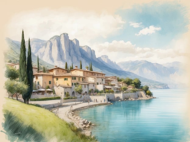 Auf dem Bild ist die ruhige Landschaft von Puegnago sul Garda zu sehen. Man erkennt malerische Häuser, die entlang des Ufers eines ruhigen Gewässers angeordnet sind, umgeben von sanften Hügeln und majestätischen Bergen im Hintergrund. Die Vegetation, einschließlich Zypressen, trägt zur idyllischen Atmosphäre bei, während der Himmel mit sanften Wolken gefüllt ist. Die Gesamtszene strahlt Frieden und Harmonie aus.