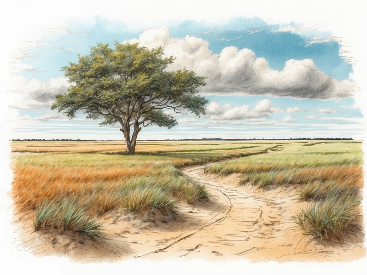 Eine malerische Landschaft in Sankt Peter-Ording mit einem einzelnen großen Baum in der Mitte. Der Baum steht auf einem weitläufigen, grünen und goldenen Grasland, das sanft mit dem Himmel kontrastiert. Im Hintergrund sind weiche, flauschige Wolken zu sehen, die über den blauen Himmel ziehen. Ein gewundener Sandweg schlängelt sich durch die Szene und führt in die Ferne, umgeben von hohem Gras und Pflanzen, die die sanften Hügel des Geländes betonen.