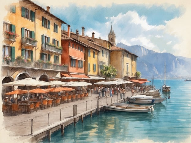 Auf dem Bild sieht man eine malerische Uferpromenade in Salò am Gardasee. Die bunten Gebäude mit Balkonen und Blumenschmuck schaffen eine einladende Atmosphäre, während die Sonnenschirme der Restaurants darauf hinweisen, dass viele Menschen dort sitzen und die Aussicht genießen. 

Aktivitäten, die man in Salò unternehmen kann, sind:

1. **Spazieren an der Promenade**: Ideal, um die schöne Architektur und die Aussicht auf den See zu genießen.
2. **Bootsfahrten**: Man kann Boote mieten oder an geführten Touren teilnehmen, um die Umgebung vom Wasser aus zu erkunden.
3. **Essen und Trinken**: Die zahlreichen Cafés und Restaurants laden zum Verweilen und Genießen der lokalen Küche ein.
4. **Besuch von Märkten**: In Salò gibt es häufig lokale Märkte, wo man regionale Produkte kaufen kann.
5. **Kulturelle Sehenswürdigkeiten**: Besuchen Sie die historischen Kirchen und Museen, die interessante Einblicke in die Geschichte der Region bieten.