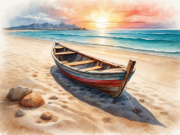 Auf dem Bild ist ein wunderschöner Strand mit einem ruhigen Meer zu sehen. Am Strand liegt ein buntes Boot, das teilweise im Sand verankert ist. Im Hintergrund sorgt ein malerischer Sonnenuntergang für eine stimmungsvolle Atmosphäre, während sanfte Wellen ans Ufer schlagen. Das Bild vermittelt eine friedliche und entspannende Stimmung, die typisch ist für die malerischen Strände von San Felice del Benaco.