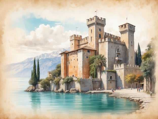 Auf dem Bild ist die historische Burg von Sirmione zu sehen. Diese beeindruckende Festung liegt malerisch am Ufer des Gardasees in Italien und ist bekannt für ihre gut erhaltenen Mauern und Türme. Die Umgebung zeichnet sich durch die wunderschöne Landschaft mit Wasser, Bergen und üppiger Vegetation aus. Die Burg zieht viele Touristen an und ist ein bedeutendes historisches Wahrzeichen der Region.