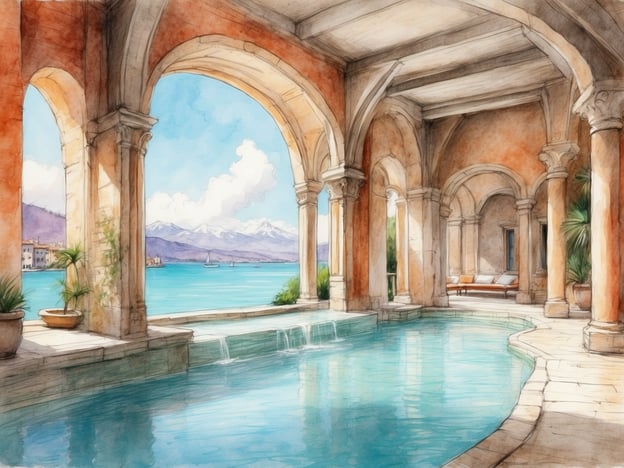 Auf dem Bild sind elegante Säulen und Bögen zu sehen, die eine Aussicht auf einen ruhigen See mit Bergen im Hintergrund bieten. Diese Architektur erinnert an die Thermalquellen von Sirmione, die bekannt für ihre entspannenden Thermalbäder und die malerische Lage am Gardasee sind. Die Kombination aus architektonischer Eleganz, Wasser und üppiger Vegetation vermittelt eine entspannende Atmosphäre, die typisch für den Besuch der Thermalquellen ist.