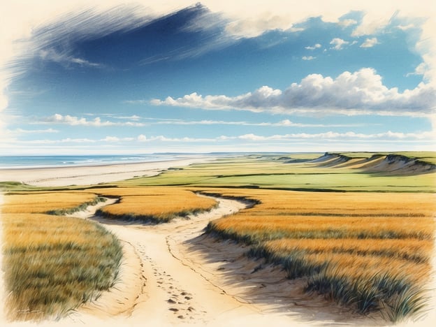 Auf dem Bild ist eine malerische Landschaft zu sehen, die typisch für die Natur und Umgebung von Keitum auf Sylt ist. Weite, goldene Felder und sanfte Hügel erstrecken sich bis zum Horizont. Ein sandiger Weg schlängelt sich durch die Landschaft und führt in Richtung Küste, wo das Meer auf die Küste trifft. Der Himmel ist klar und blau, mit einigen Wolken, die für eine angenehme Atmosphäre sorgen. Diese idyllische Szenerie spiegelt die ruhige und entspannte Umgebung von Keitum wider, die für ihre natürliche Schönheit und das maritime Flair bekannt ist.