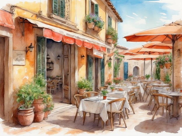 Auf dem Bild ist eine malerische Restaurantterrasse in Torri del Benaco zu sehen. Die Tische sind schön gedeckt und laden zum Verweilen ein. Umgeben von blühenden Pflanzen und mit Sonnenschirmen ausgestattet, bietet der Ort eine entspannte Atmosphäre. In Torri del Benaco können Gäste kulinarische Genüsse wie frische Pasta, fangfrischen Fisch aus dem Gardasee oder lokale Weine genießen. Solch ein Ambiente ist perfekt für ein gemütliches Essen im Freien, während man die italienische Lebensart in vollen Zügen auskostet.