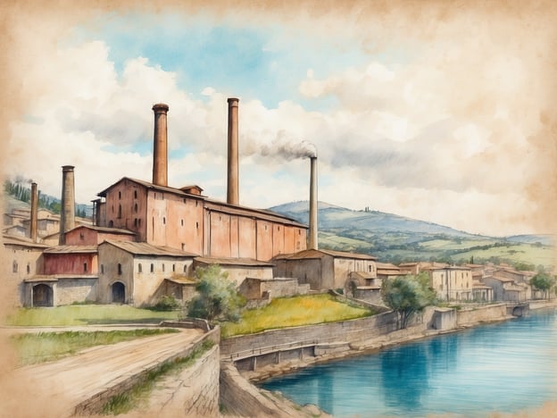 Auf dem Bild ist eine Landschaft mit einer großen Fabrik zu sehen, die vermutlich eine Papiermühle darstellt. Diese könnte mit der Geschichte der Papiermühlen von Toscolano-Maderno in Verbindung stehen, einer Region in Italien, die bekannt ist für ihre Papierproduktion seit dem 16. Jahrhundert. Diese Mühlen nutzten die Wasserkraft des Flusses, um Papier herzustellen, was zu einer bedeutenden wirtschaftlichen Entwicklung der Gegend führte. Die Architektur der Gebäude mit hohen Schornsteinen deutet darauf hin, dass hier industrieller Fortschritt stattfand. Die landschaftliche Umgebung mit Wasser und Hügeln spiegelt die malerische Kulisse wider, die oft mit der historischen Papierproduktion in diesem Gebiet assoziiert wird.