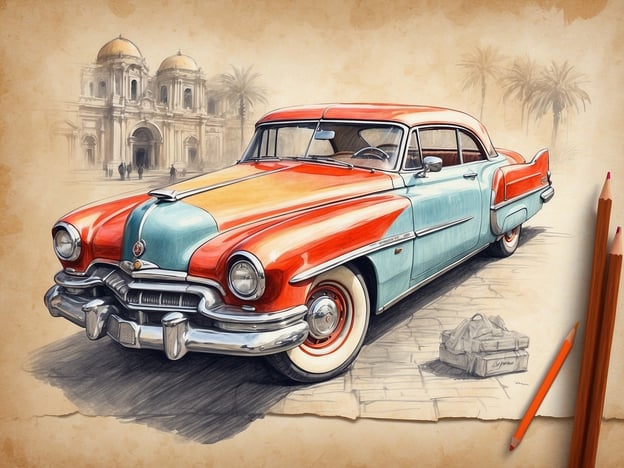 Auf dem Bild ist ein stilvoller, klassischer amerikanischer Oldtimer zu sehen, der in lebhaften Farben gehalten ist. Die Darstellung erinnert an die goldene Ära des Automobildesigns, als Fahrzeuge oft als Kunstwerke betrachtet wurden. Im Hintergrund erkennt man architektonische Elemente, die an historische Bauwerke erinnern, möglicherweise eine Kulturszene, die den Bezug zwischen Automobilgeschichte und städtischen Highlights verdeutlicht.

Diese Verbindung zwischen Automobilen und historischen Städten stellt einen wichtigen Teil der kulturellen Identität dar. Solche Fahrzeuge sind nicht nur technische Meisterwerke, sondern auch Symbole vergangener Epochen, in denen Stil und Eleganz eine große Rolle spielten. Sie tragen zur Atmosphäre und zum Erbe der Kultur bei, indem sie nostalgische Aspekte mit modernen städtischen Lebensstilen kombinieren.