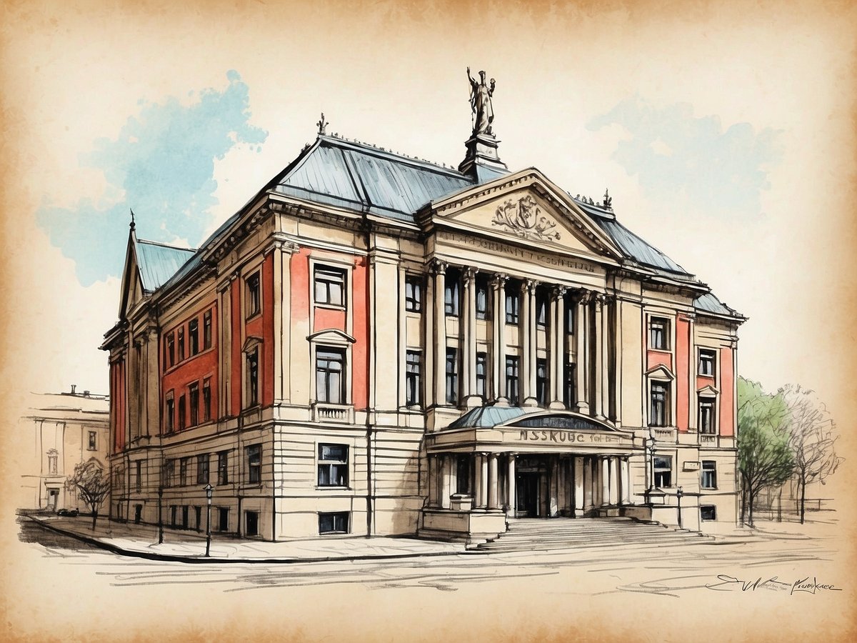 Das Bild zeigt das Museum für Völkerkunde in Hamburg in einer künstlerischen Skizze. Die Architektur des Gebäudes ist prächtig mit einer hohen Fassade, zahlreichen Säulen und einem aufwendigen Dach. Auf der Vorderseite ist der Haupteingang gut sichtbar, umgeben von Treppen und einem Vordach. Die Farben sind lebhaft, wobei rote und beige Töne dominieren. Im Hintergrund sind einige Bäume und eine Wolkenansicht zu sehen, die eine ruhige und einladende Atmosphäre schaffen.