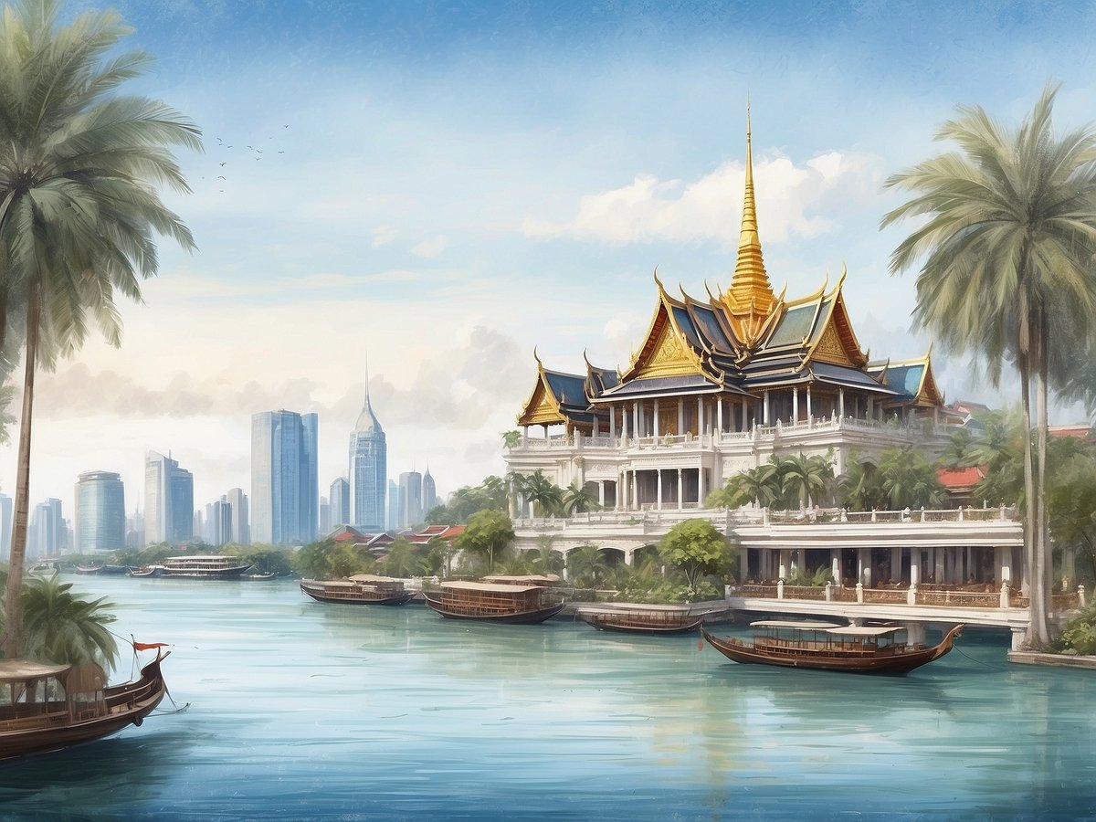 Das Bild zeigt eine malerische Ansicht des Bangkok Riverside Resorts, umgeben von üppigen Palmen und einer ruhigen Wasserstraße. Im Vordergrund sind einige traditionelle Holzboote zu sehen, die sanft auf dem Wasser schaukeln. Im Hintergrund erhebt sich ein prächtiges, thailändisches Gebäude mit goldenen Dächern und dekorativen Details, das von tropischen Pflanzen umgeben ist. Die Skyline von Bangkok mit modernen Hochhäusern zeichnet sich am Horizont ab, was einen schönen Kontrast zwischen traditioneller Architektur und moderner Stadtlandschaft schafft.