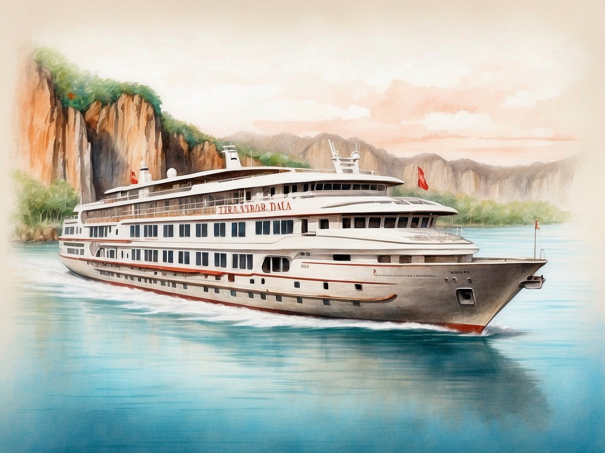 Ein stilvolles Kreuzfahrtschiff fährt durch ruhiges, klares Wasser, umgeben von majestätischen Felsen und üppiger grüner Vegetation. Im Hintergrund sind sanfte Hügel und ein harmonischer Himmel zu sehen. Die Schiffform ist elegant und modern, mit großen Fenstern, die einen Einblick in ihr luxuriöses Interieur gewähren. Die Gesamtkomposition strahlt eine Atmosphäre von Abenteuer und Entspannung aus, ideal für Reisende, die Thailand erkunden möchten.