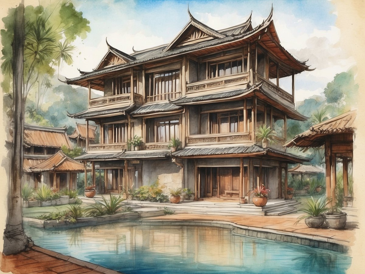 Eine elegante, mehrstöckige Villa mit traditioneller thailändischer Architektur umgeben von grünen Pflanzen und Bäumen. Der Eingang ist mit großen Fenstern ausgestattet, die viel Licht hereinlassen. Vor der Villa erstreckt sich ein ruhiger Pool, der das Design ergänzt, und Tontöpfe mit tropischen Pflanzen sind in der Umgebung platziert. Im Hintergrund sind weitere asiatische Gebäude sichtbar, die in die friedliche Landschaft integriert sind. Der Himmel ist blau mit sanften Wolken, was eine einladende Atmosphäre schafft.