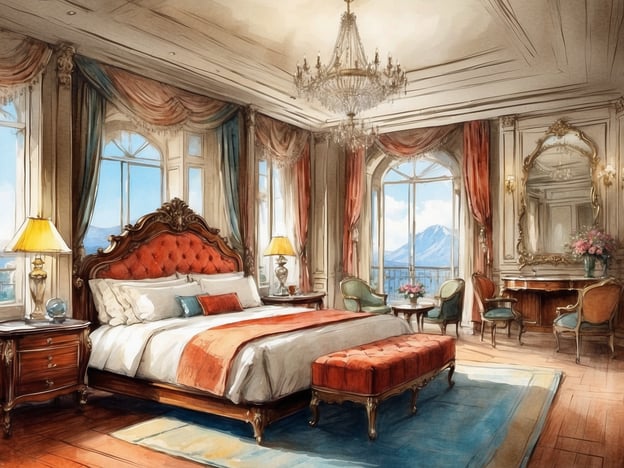 Auf dem Bild ist ein luxuriöses Schlafzimmer zu sehen, das den Charme von eleganten Unterkünften verkörpert. Das opulente Bett mit einer gepolsterten Kopfteil aus rotem Stoff zieht sofort die Blicke auf sich und ist von hochwertigen Kissen umgeben. Die Raumgestaltung wird durch üppige Vorhänge in sanften Farben und einen eleganten Kronleuchter ergänzt, der eine warme, einladende Beleuchtung schafft.

Die Möbel sind geschmackvoll ausgewählt, mit kunstvollen Details und klassischen Formen. Besonders hervorzuheben ist der elegante Nachttisch und die gemütlichen Sessel, die eine perfekte Leseecke bilden. Die großen Fenster bieten nicht nur einen atemberaubenden Blick auf die Landschaft, sondern sorgen auch für viel natürliches Licht, das den Raum lebendig wirken lässt. 

Zusätzlich sind Elemente wie ein großer Spiegel und ein dekorativer Tisch mit frischen Blumen vorhanden, die das luxuriöse Ambiente abrunden und den Raum noch einladender machen. Alles in allem vermittelt das Bild eine Atmosphäre von Komfort und Stil, ideal für erholsame Aufenthalte in einem erstklassigen Hotel oder einer eleganten Residenz.