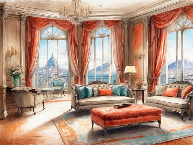 Auf dem Bild ist ein elegantes Wohnzimmer zu sehen. Es zeichnet sich durch helle Farben und große Fenster mit einem Blick auf eine Stadt mit einer charakteristischen Kuppel und Bergen im Hintergrund aus. Die Einrichtung ist stilvoll, mit bequemen Sofas, einem samtigen Ottoman und einem kleinen Tisch. Die Vorhänge sind üppig und verleihen dem Raum eine luxuriöse Atmosphäre. Die Blumen und die Beleuchtung tragen zur Gemütlichkeit des Zimmers bei. Es handelt sich um eine Suite, die eine angenehme und einladende Atmosphäre ausstrahlt.