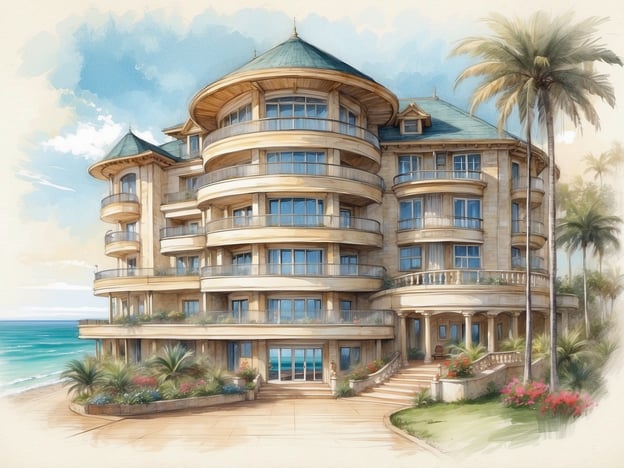 Auf dem Bild ist ein luxuriöses Hotel zu sehen, das direkt am Strand liegt. Es hat mehrere Etagen mit einem modernen und eleganten Design. Die Fassade ist hell, mit großen Fenstern, die viel Licht hereinlassen und einen schönen Blick auf das Meer bieten. Die Dachstruktur ist einzigartig und erinnert an asiatische Architekturstile. 

Um das Hotel herum gibt es üppige Pflanzen und Blumen, die eine einladende Atmosphäre schaffen. Palmen sind ebenfalls sichtbar und betonen die tropische Umgebung. Insgesamt wirkt das Hotel sehr ansprechend und eignet sich hervorragend für einen entspannten Urlaub am Meer.